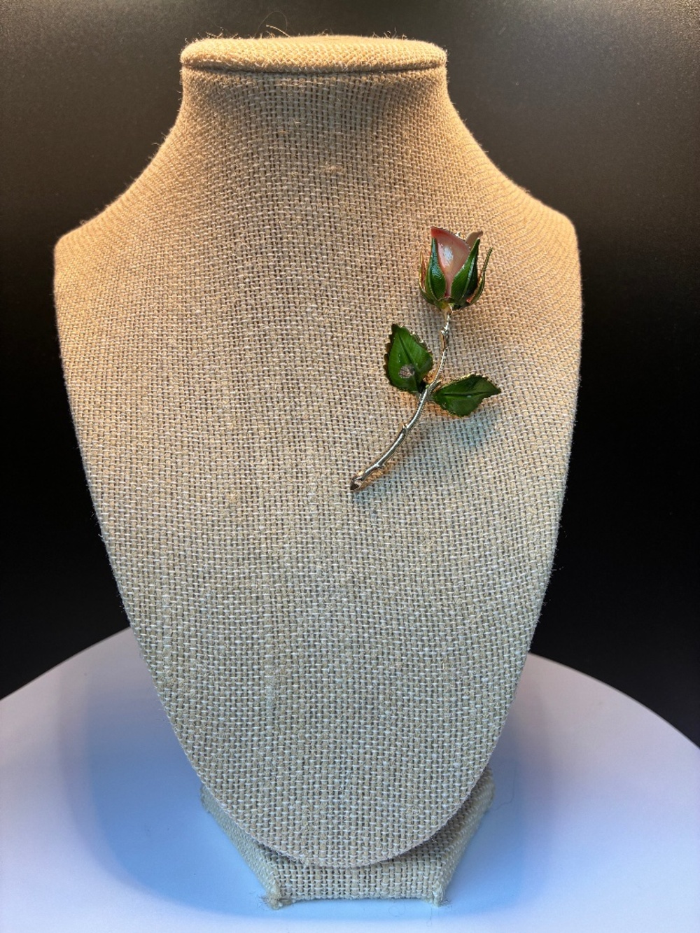 Vintage Gold-Tone Single Pink Rose Brooch with Stem and Leaves